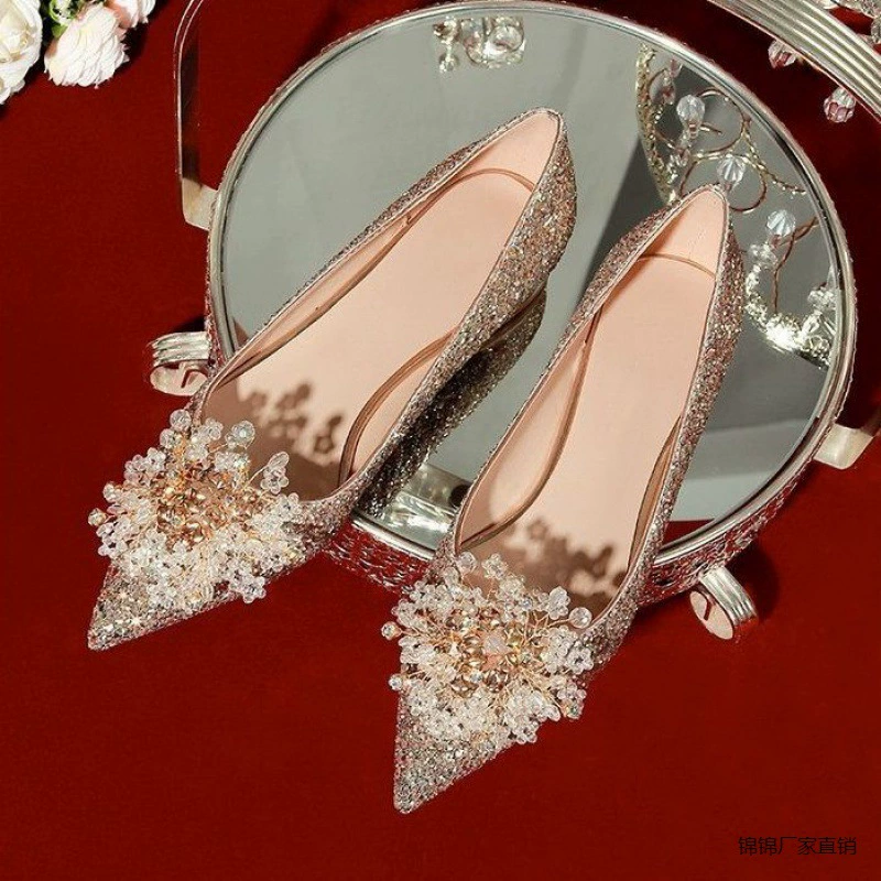 Хрустальная плоская свадебная обувь беременные женщины могут носить золотые туфли с блестками