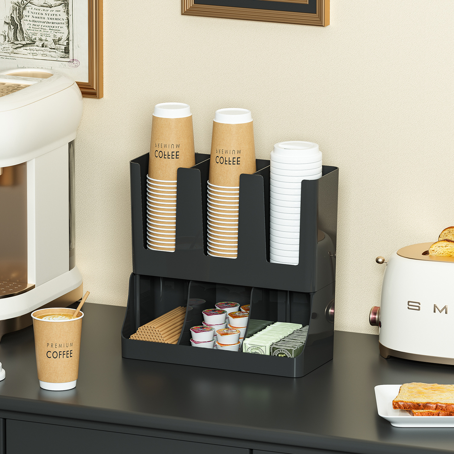 Disposable Paper Cup Storage Box, Water Dispenser, Coffee Bag and Straw Storage Rack, Multi-Layer Storage Rack Next to the Restaurant Bar Counter