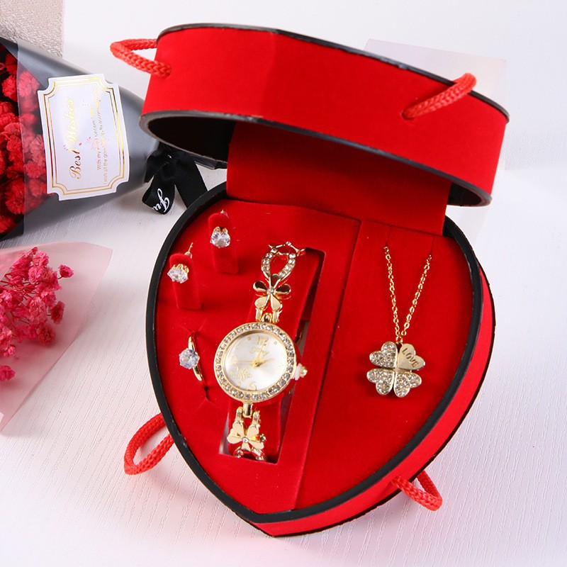 Transfronterizo completo reloj de diamante collar conjunto de amor caja de regalo de acero inoxidable día del maestro 520 regalo de vacaciones de novia