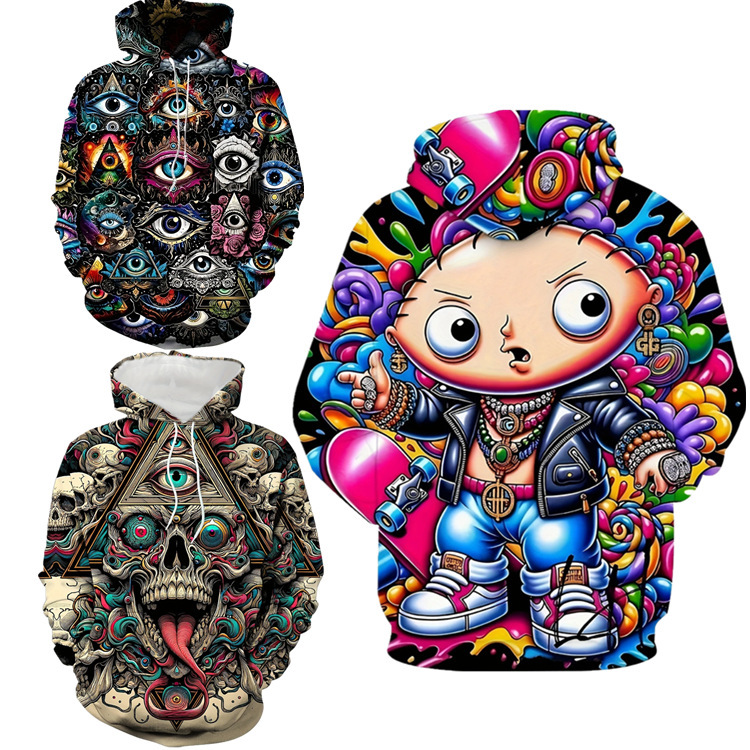 Men's 3D Skull Vibrant Psychedelic Design Loose Version Spring Autumn Season Casual Hoodie