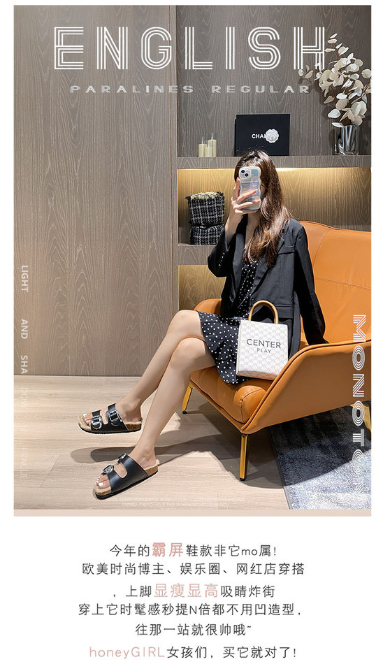 Dép lông cừu nữ quai ngang hai khóa cài, đế dày, đi ngoài trời — Màu đen, Nâu cổ điển chi tiết 3