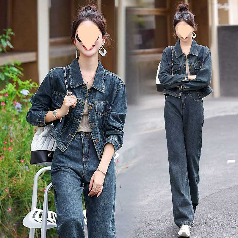 牛仔裤套装女2025年春秋季新款时尚洋气气质阔腿长裤短外套两件套|undefined