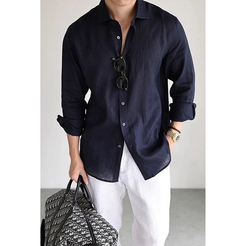 Navy Blue Thin Linen Shirt for Men, Summer New Style, Old Money Style, Long-Sleeve Shirt, Ice Silk Breathable Sun Protection Jacket
