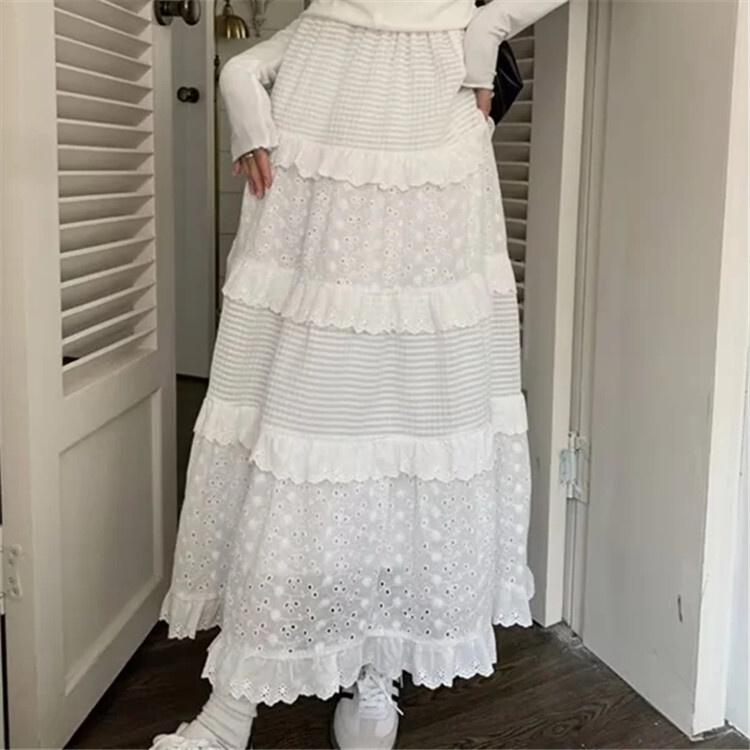 纯欲温柔风蕾丝蛋糕裙女2024新款高腰显瘦芭蕾风白色a字半 身长裙