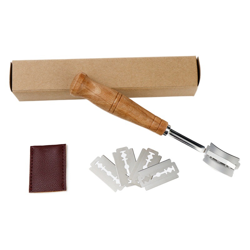 Venta caliente transfronteriza 304 cuchillo de reparación de pan de acero inoxidable pasta plana cuchillo de corte mango de madera cortador de pan de arco