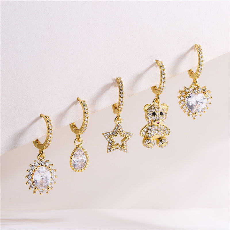8g Weight 1 Pair Sweet Star Bear Heart Shape Copper Inlay Zircon Drop Earrings
