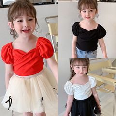 77233 兒童甜美公主袖T恤夏款女童復古上衣3-8歲童裝一件代發