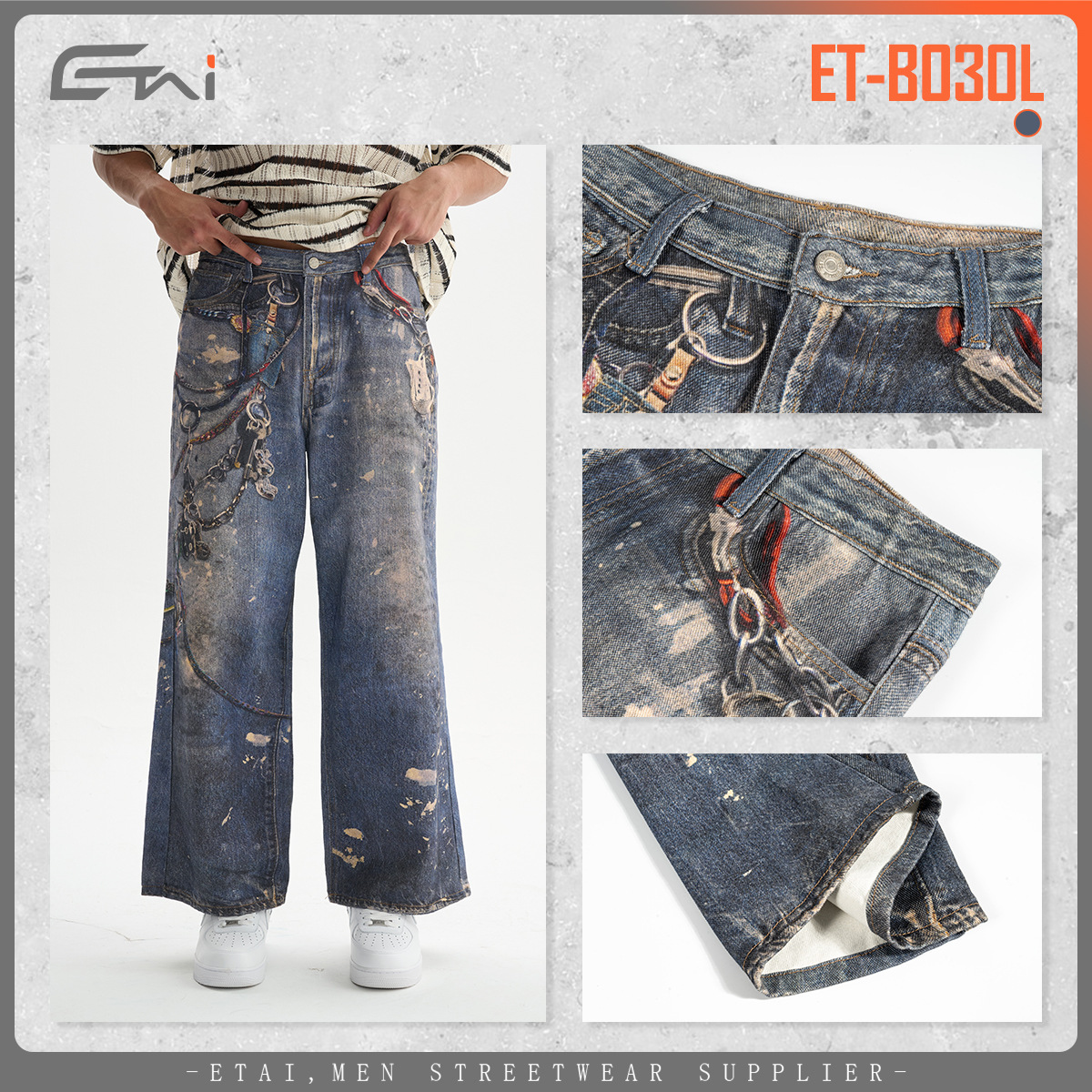 ETAI Hombre| Tendencia universal pesado algodón impresión 3D jeans de moda juvenil rectos pantalones casuales