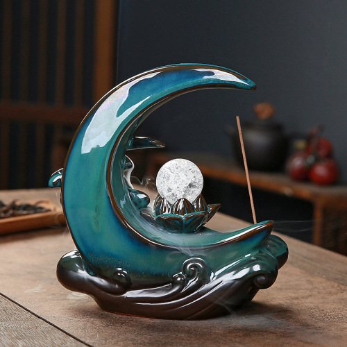 Cross-border Amazon Blue Lotus Pond Moonlight Backflow Incense Burner Home Indoor Aromatherapy Burner Creative Decorative Ceramic Incense Burner