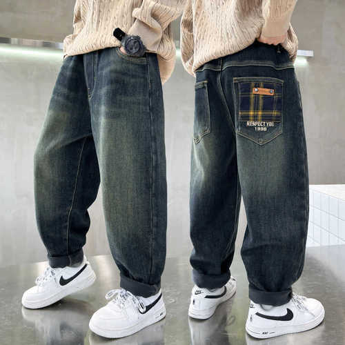Genius Whale Boys' Fleece Denim Pants Autumn/Winter Outfit Cool Boy Straight Leg Pants Spring/Autumn Children Loose Long Pants Trendy
