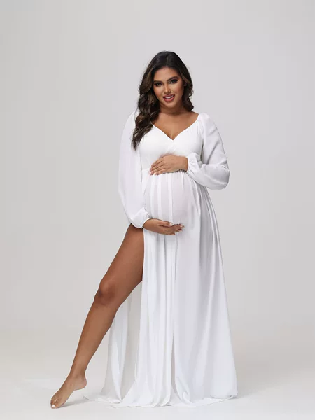 New European and American Style Women's Mercerized Cotton V-Neck Loose-Sleeve Dress with Slit at the Bottom for Pregnant Women 1251