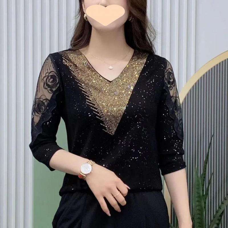 2025 Spring and Summer New Style Shirt, Feminine, Slimming Look, Cut Out Hot Diamond Three-Quarter Sleeves, Fashionable and Versatile Collar Top