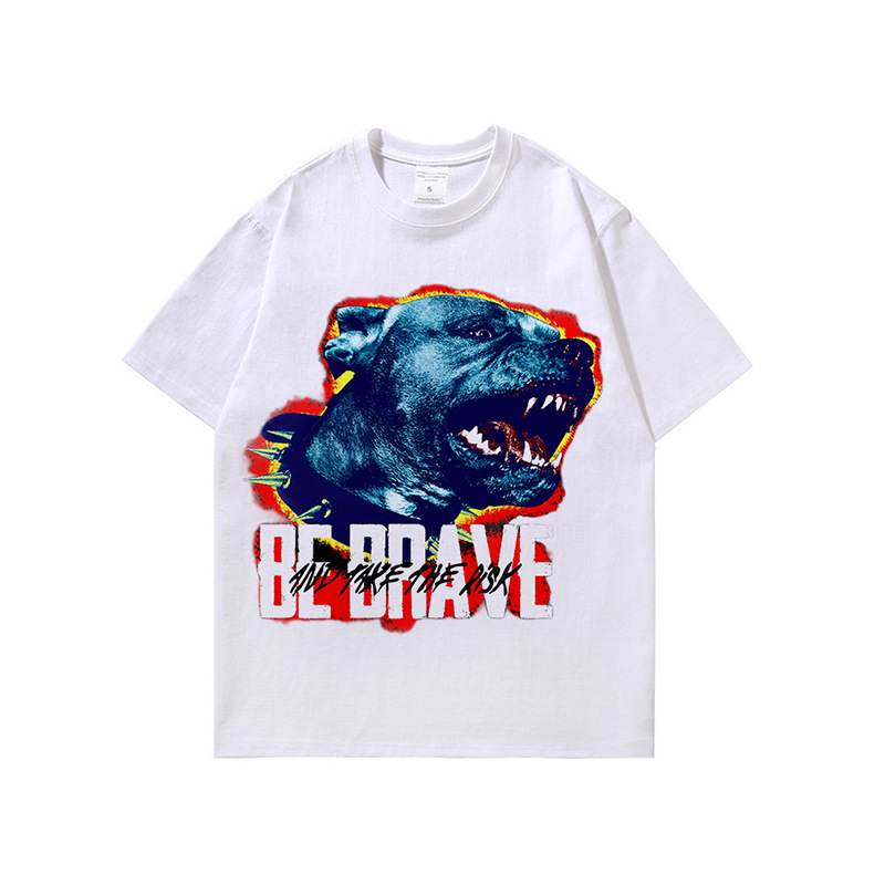 Tricou cu mânecă scurtă, spălat, cu imprimeu de câine cu flăcări, de la brandul american de modă hip-hop, pentru bărbați și femei, pentru stradă comercială_voghion.com