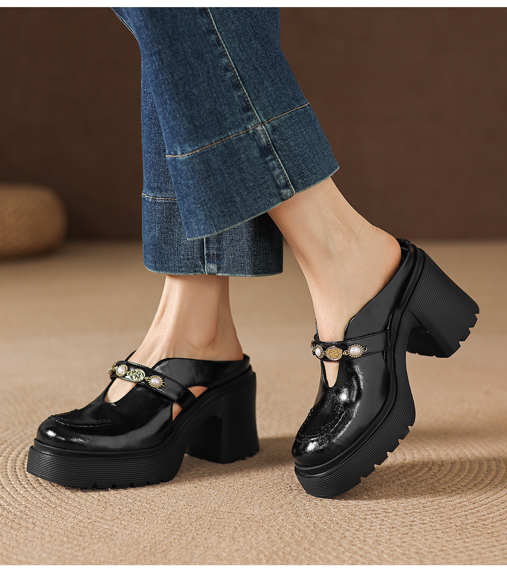 Mule nữ da bò bít mũi đế dày gót cao 9 cm khóa kim loại — màu đen, màu trắng ngà chi tiết 12