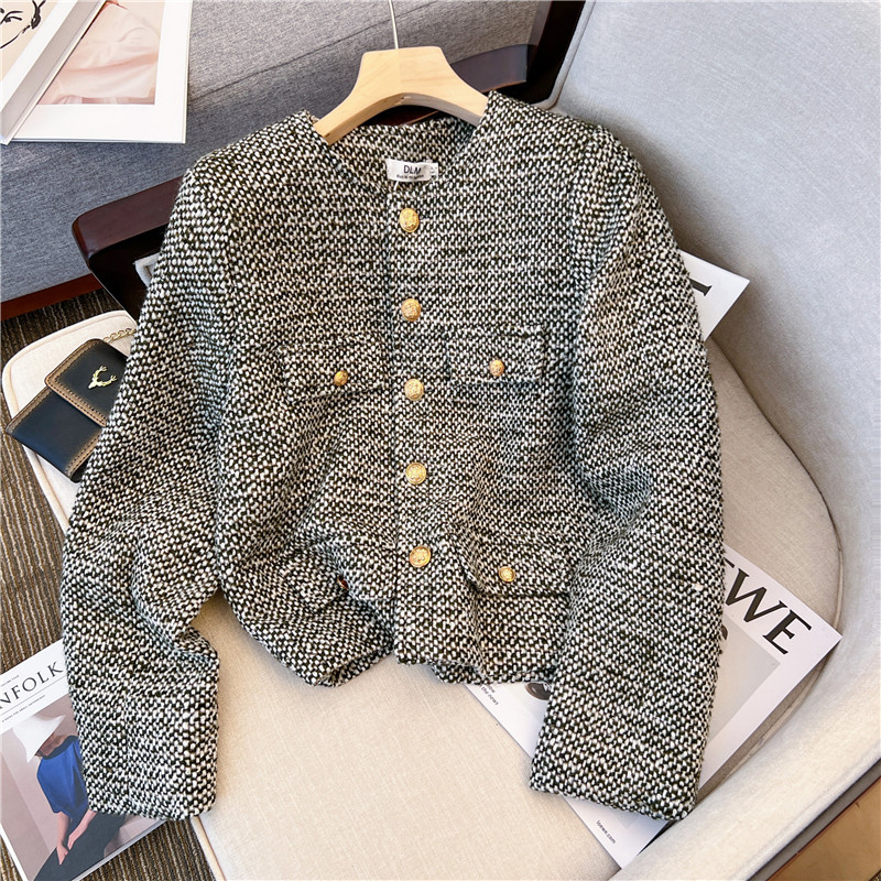 High-Quality Plaid Tweed Short Jacket with Gold Buttons, Retro Green, Women's 2025 Autumn and Winter New Style
