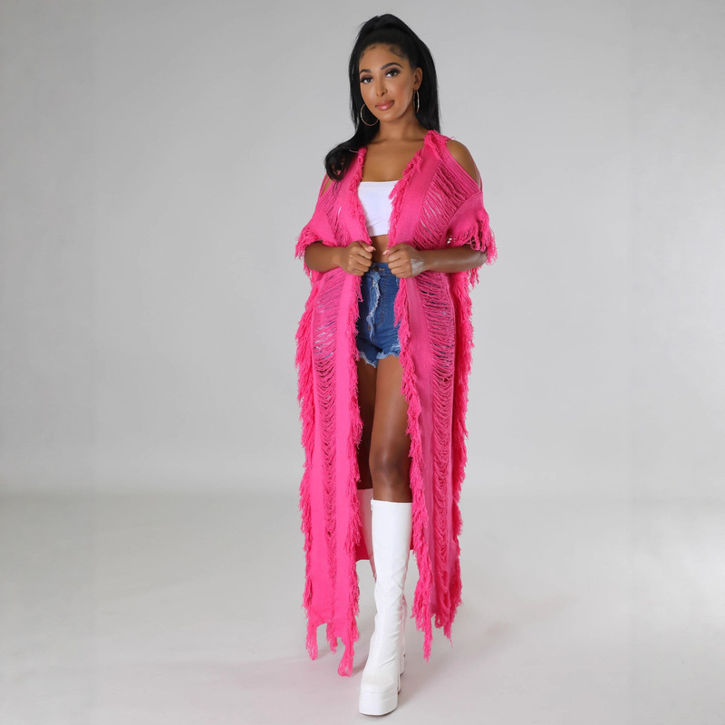 Cross-border e-commerce Amazon best selling European and American women's fashion hollow cardigan tassel autumn and winter knitted coat