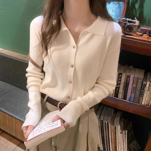 Women's Spring and Autumn Fashion Innerwear Polo Collar Knit Sweater Cardigan