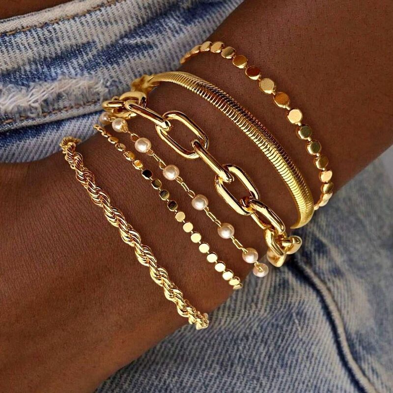 European and American Cross-Border Popular Paper Clip Twist Snake Bone Chain Multi-Layer Geometric Stacked Women's Metal Bracelet Set