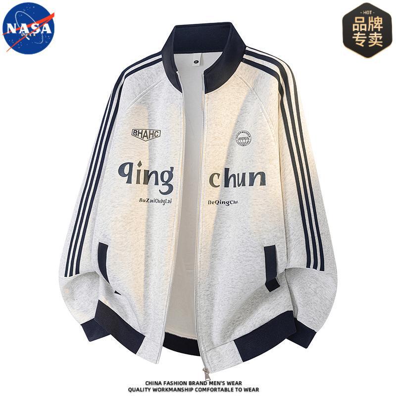 NASA brand high-quality cardigan with stand-up collar, printed striped sweatshirt for men, autumn casual fashion with a high-end feel