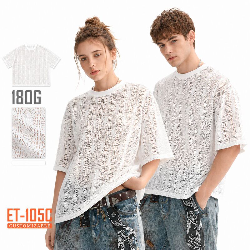 Yitai Lace Mesh Short-Sleeved Men's Loose Casual See-Through Clothing Trendy Men's Round Neck T-Shirt Fashion New Style