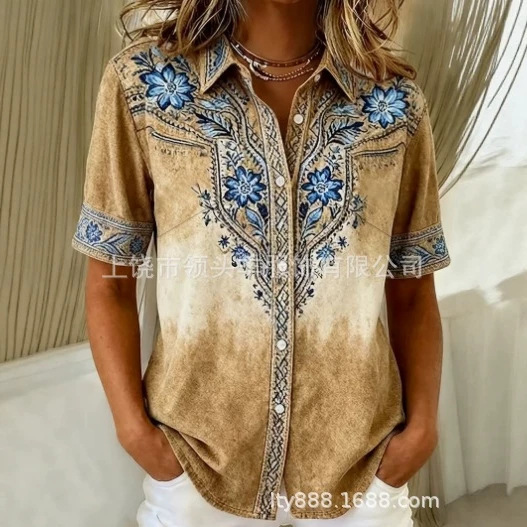 European and American Style Women's Western Retro Printed Shirts, Loose Collared Short-Sleeve Shirts, Cross-Border Plus-Size Women's Clothing Supply