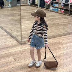 2024女童春夏時髦條紋polo領短款露肩拉鏈開衫上衣+牛仔毛邊短褲