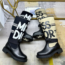高货涂鸦字母帆布长靴女D家F拼色中筒靴厚底皮带扣女靴增高骑士靴