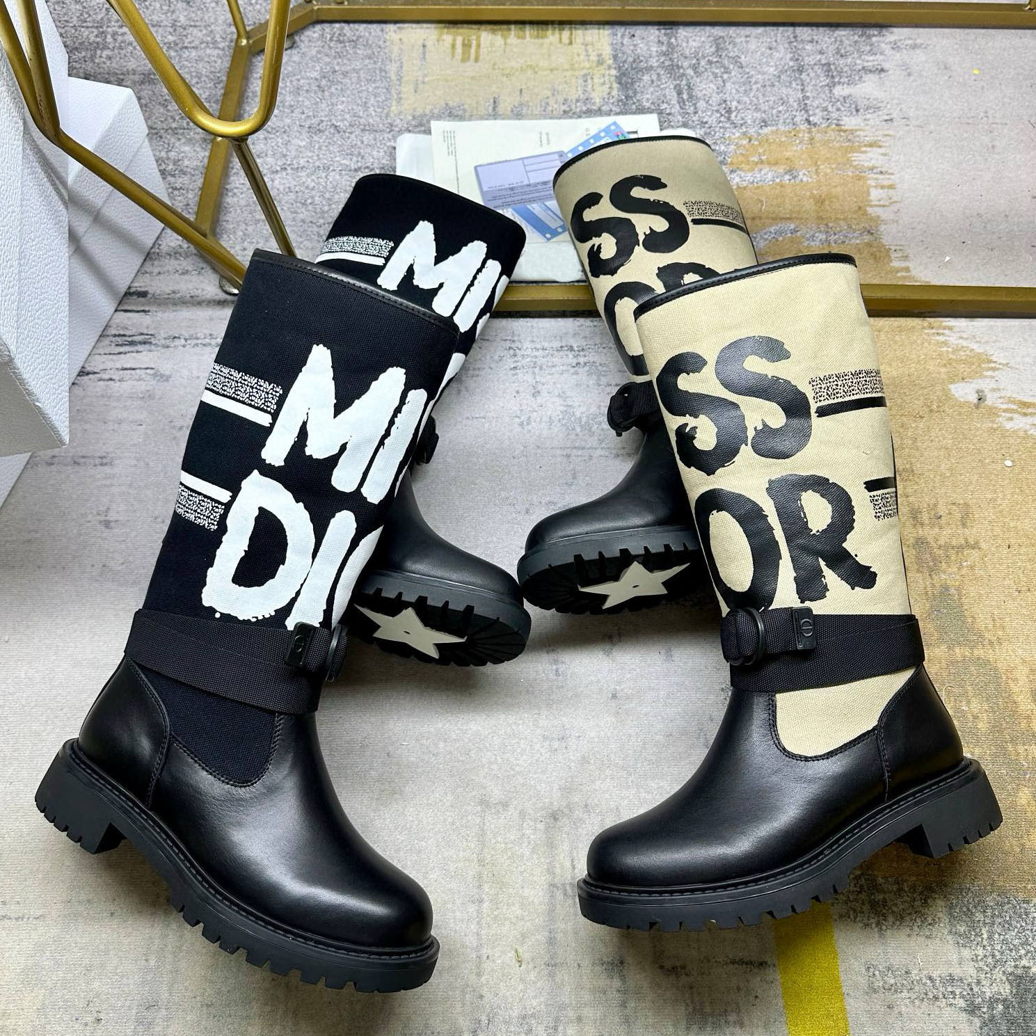 高货涂鸦字母帆布长靴女D家F拼色中筒靴厚底皮带扣女靴增高骑士靴