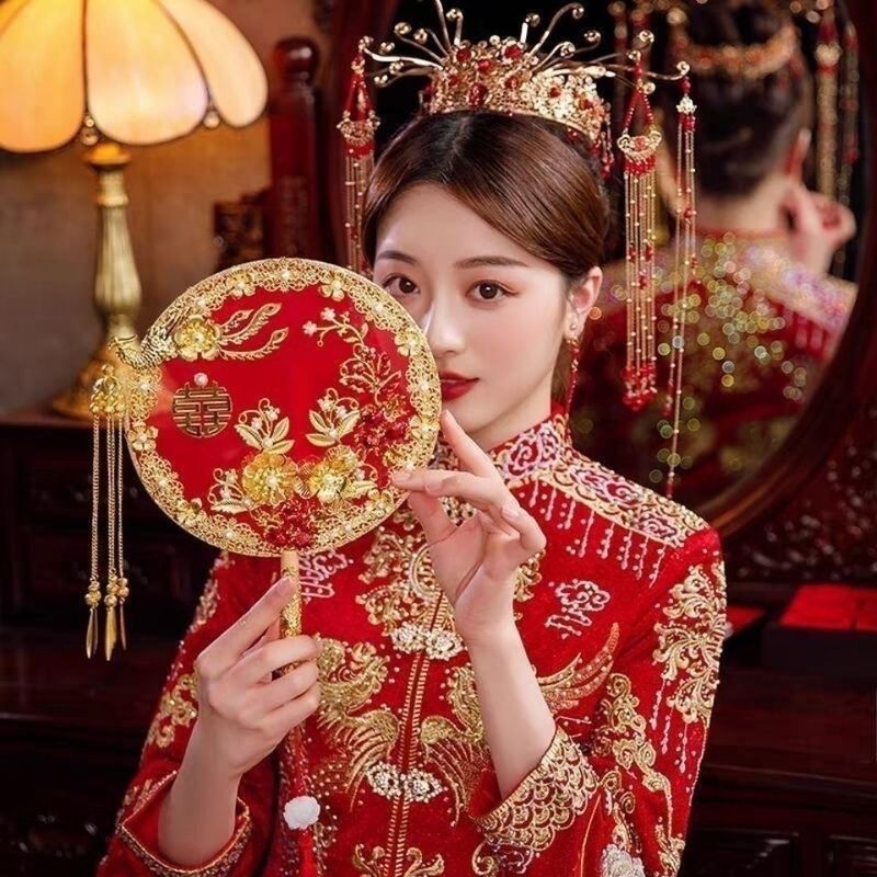 推荐结婚团扇子中式婚礼秀禾服古风出嫁手捧花手工喜扇成品|undefined