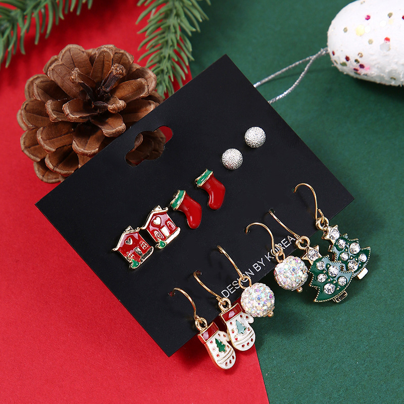 Cute Christmas Tree Christmas Socks Alloy Plating Inlay Rhinestones Ear Studs Ear Hook 1 Set display picture 4