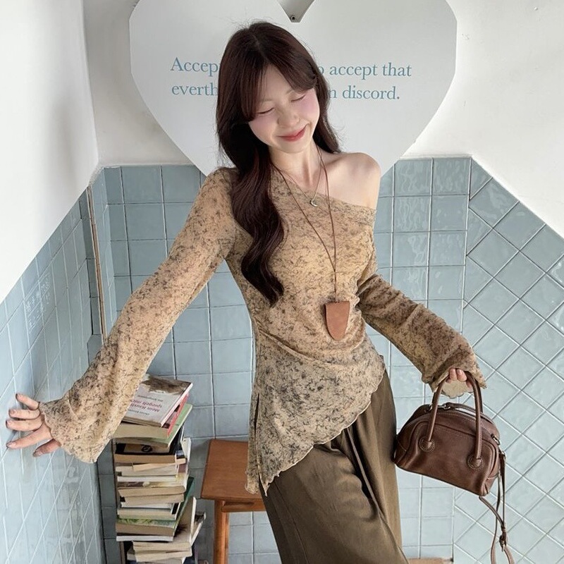 纯欲风韩系设计感晕染露肩长袖针织衫女装秋季新款不规则显瘦上衣|undefined