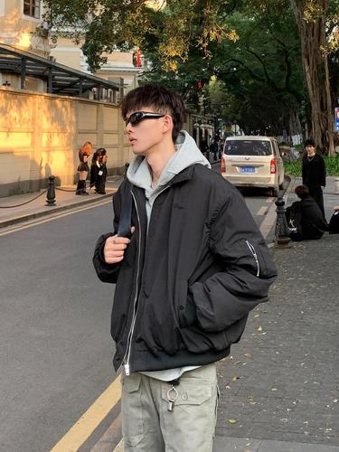 Men's American-style Bomber Flight Jacket Cotton Padded Coat for Spring & Autumn, High-Street Cleanfit Design, Trendy Brand, Collared Baseball Style Cozy Outerwear