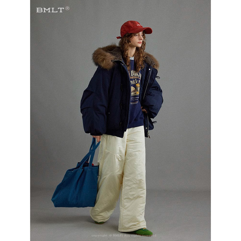 2707 #   Bmlt [Mianmian He Xue] Navy Horn Button Raccoon Fur Collar Hooded down Jacket Winter Coat