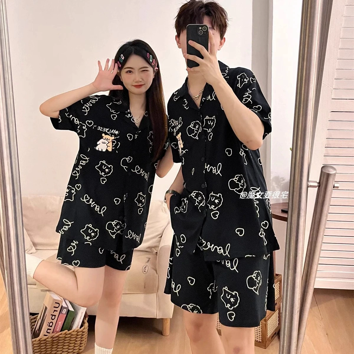 [Tinker Bell] Пижамы для пар, женские летние пижамы в корейском стиле с короткими рукавами, свободные мужские и женские домашние одежды большого размера с героями мультфильмов, могут быть верхней одеждой