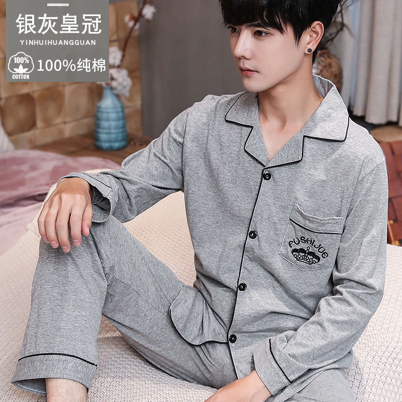 Pijamas de algodón para hombres primavera y otoño de manga larga juventud de mediana edad suelta grande se puede usar fuera del conjunto de ropa de casa