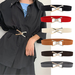 時尚女生腰帶雙色交叉三角扣鬆緊腰封 裝飾毛衣連衣裙束身收腰