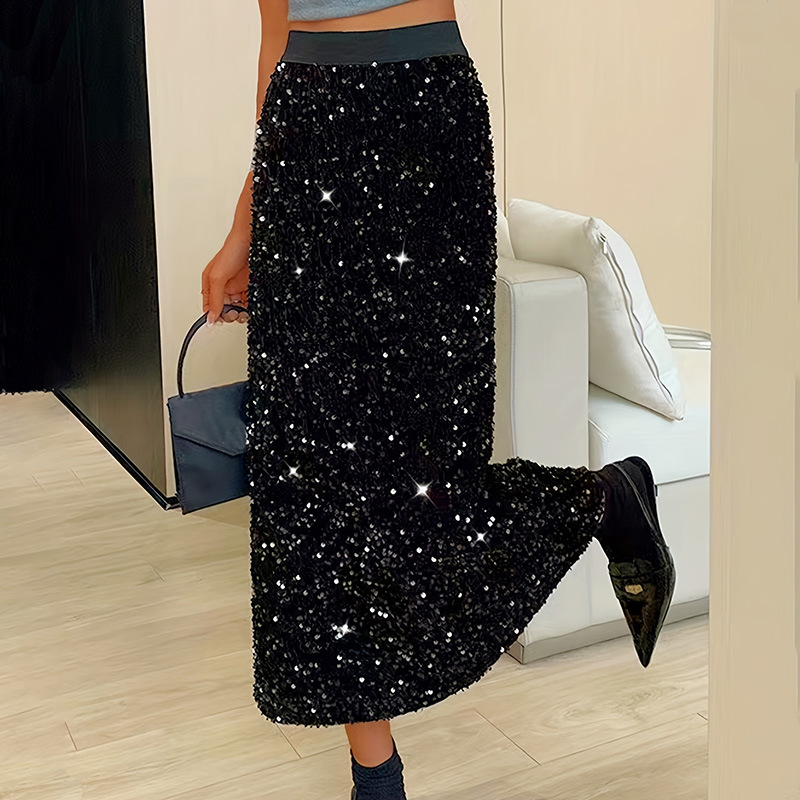 Gonna dritta comoda casual aderente midi in maglia con paillettes elegante GraceChic_voghion.com