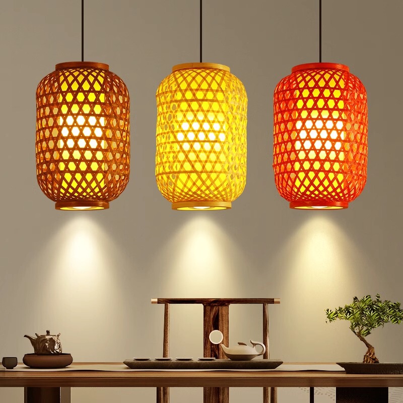 Chinese-Style Bamboo Lantern Chandelier for Restaurants, Barbecue and Hot Pot Restaurants, with Printed Antique-Style Woven Bamboo Lampshade for Outdoor Use
