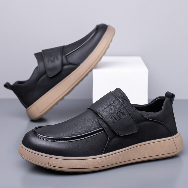 Giày lười nam da PU kiểu retro, quai dán Velcro, form rộng thoải mái, đế cao su êm chân — Màu đen, màu vàng