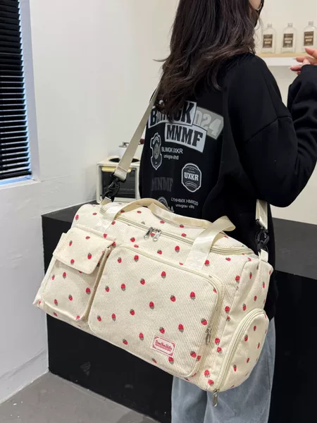 Large Capacity Corduroy Luggage Bag Strawberry Travel Bag Women's Lightweight Portable Crossbody Bag Multifunctional Sports Fitness Bag