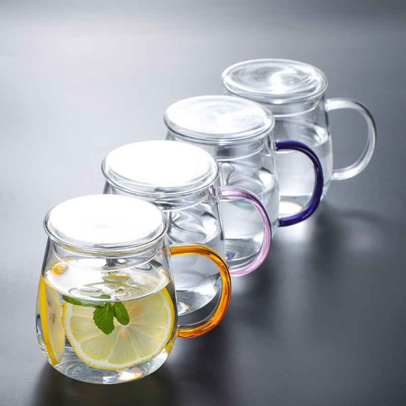 Transparent Glass Cup with Color Handle, Home Living Room Drinking Cup, Milk Coffee Cup, Large Capacity Tea Cup