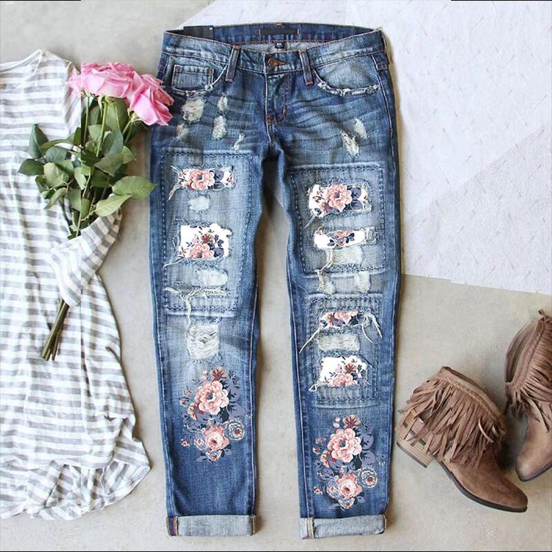 Exclusive cross-border supply for Temu, European and American Amazon, TIKTOK: New ripped printed casual women's denim pants Exclusive cross-border supply for Temu, European and American Amazon, TIKTOK: New ripped printed casual women's denim pants