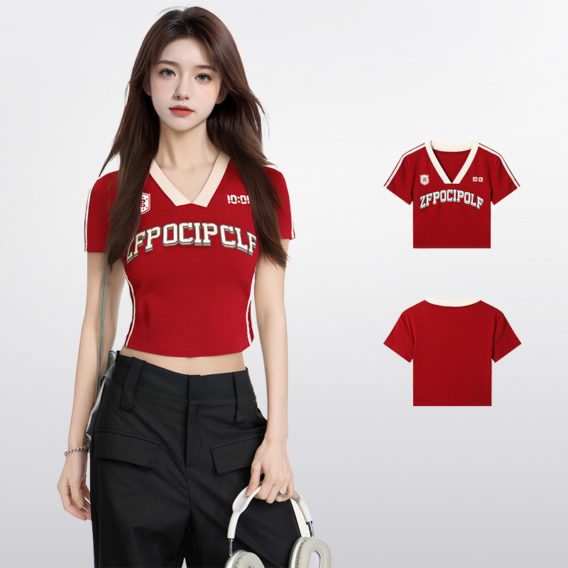 American Sexy Red Right Shoulder V-Neck Short-Sleeved T-Shirt for Women Summer Slim Jersey Style Design Niche Short Top