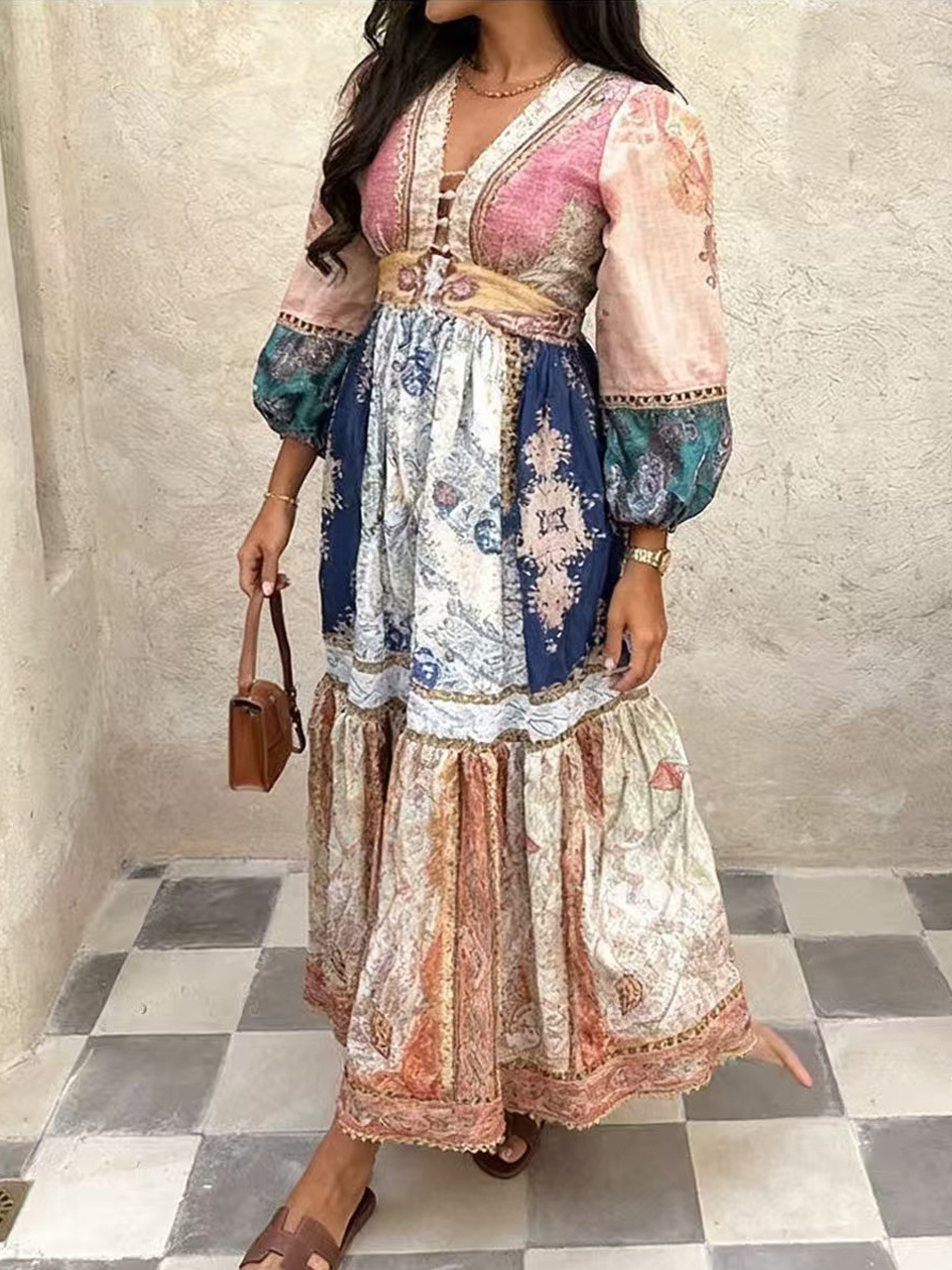 Amazon cross-border foreign trade new retro printed ethnic style long puff sleeve women's holiday commuting dress
