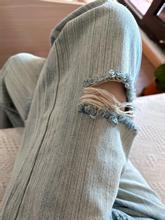 破洞牛仔裤女夏季薄款美式设计感小众高腰直筒宽松浅蓝色阔腿裤子