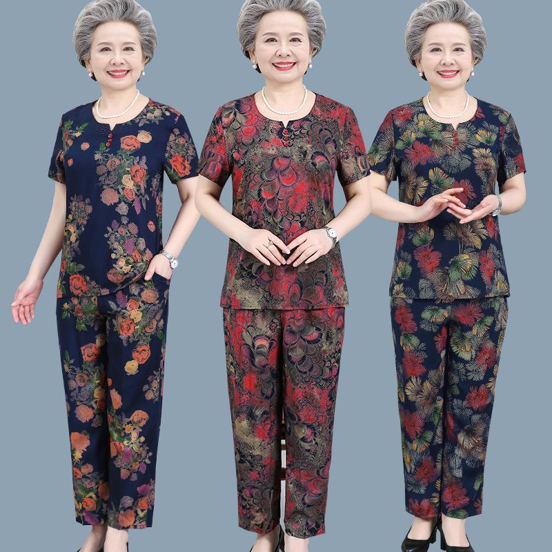 中老年棉绸套装女夏季妈妈睡衣两件套人造棉短袖上衣居家服奶奶装