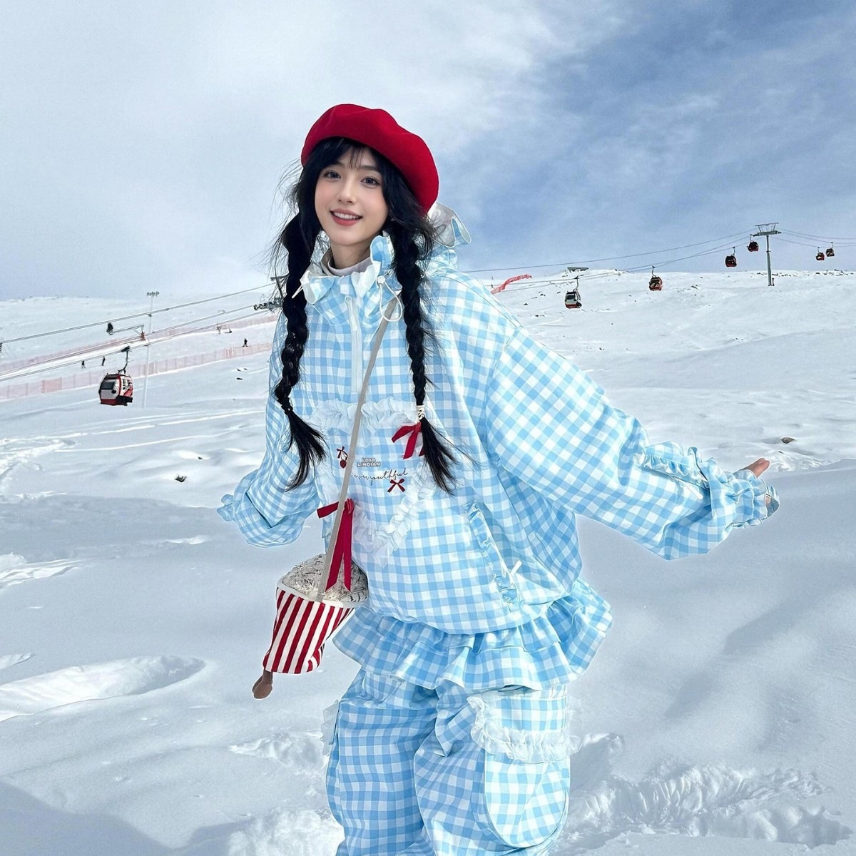 LDAB Blue and White Plaid Ski Suit Set for Women 2026 Winter New Windproof Waterproof Snow Suit Snowboard Ski Suit