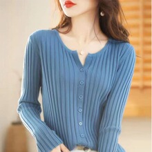 坑条圆领针织开衫秋冬轻奢气质减龄修身显瘦长袖打底衫女黑色均码
