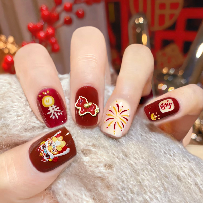 X315 Year of the Horse Wearable Nails Children's Wearable Nail Pieces New Year Nail Art Short Fake Nail Stickers Removable Nail Stickers
