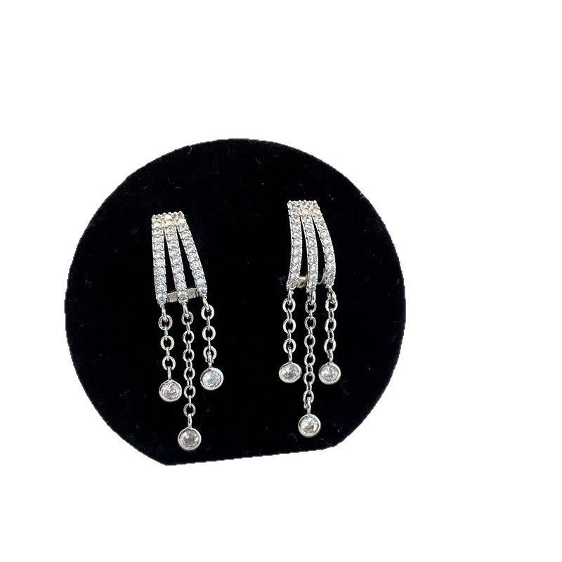 Light Luxury Zircon Three-row Tassel Earrings Sophisticated_voghion.com